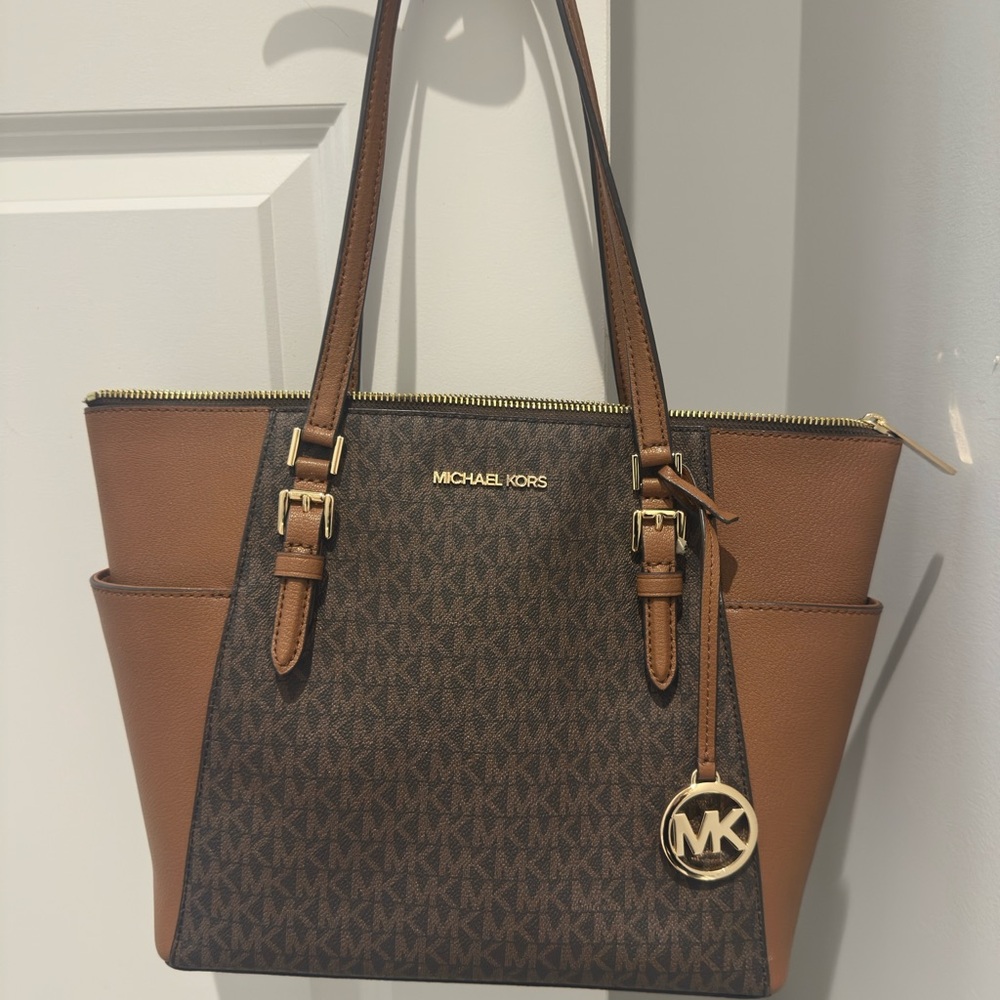 Michael Kors Signature Brown and Tan Tote Zip Top